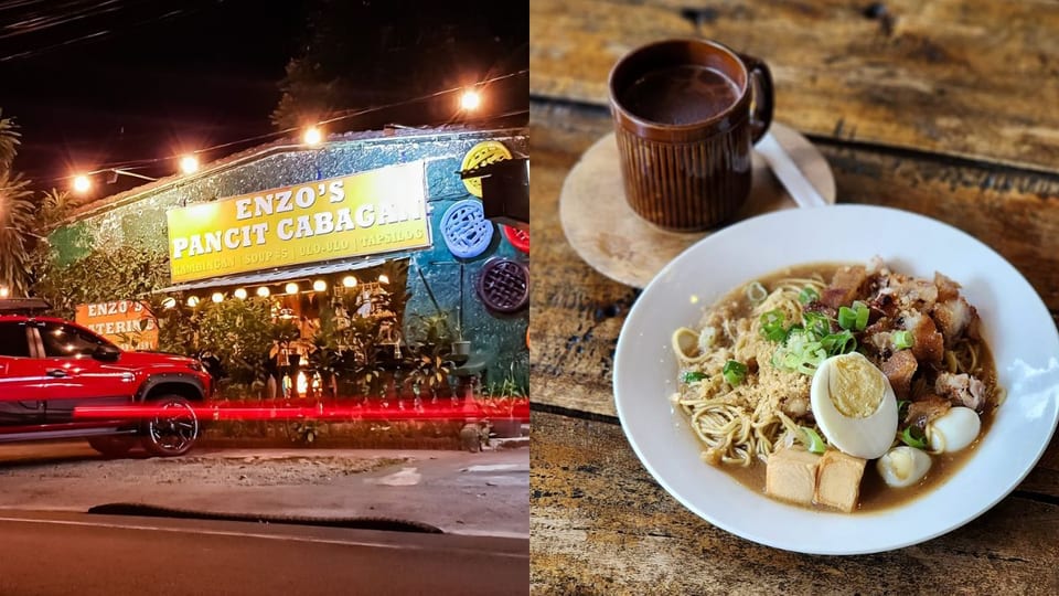 left: exterior view of enzo's pancit cabagan; right: bestselling dish from enzo's pancit cabagan